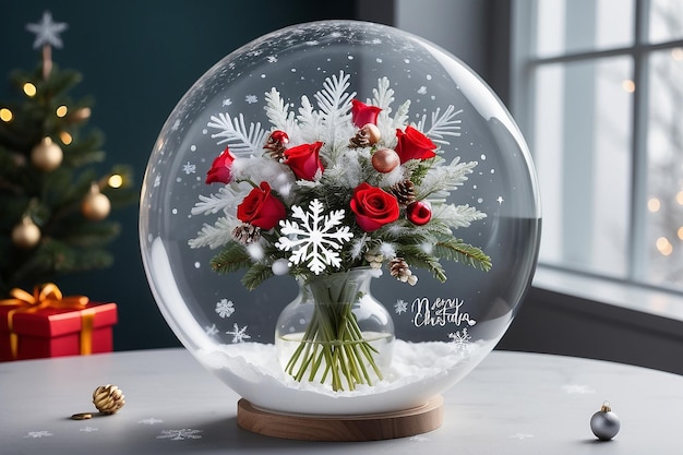 There is a decorative Christmas bouquet in a transparent round vase