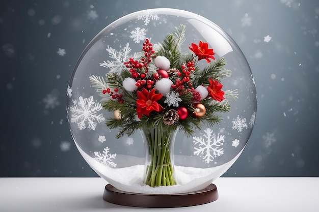 There is a decorative Christmas bouquet in a transparent round vase