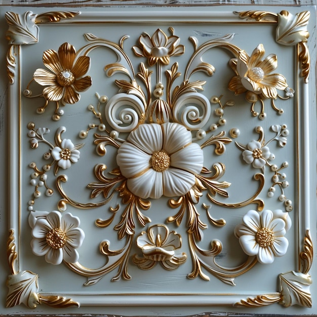 there is a decorative panel with gold and white flowers on it generative ai