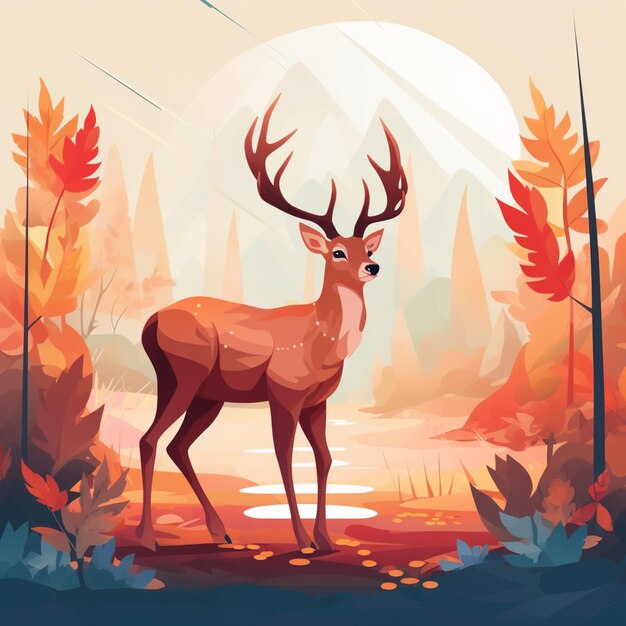 There is a deer standing in the woods with trees and leaves generative ai