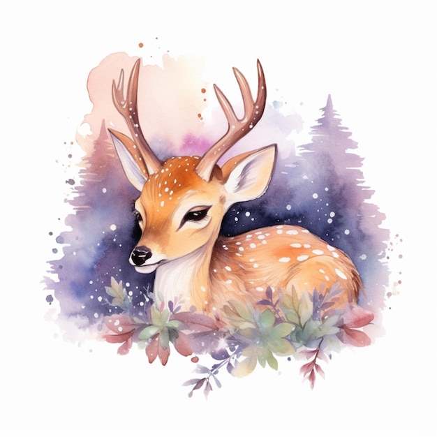 There is a deer that is sitting in the grass with leaves generative ai