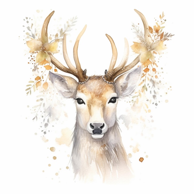 There is a deer with horns and flowers on its head generative ai