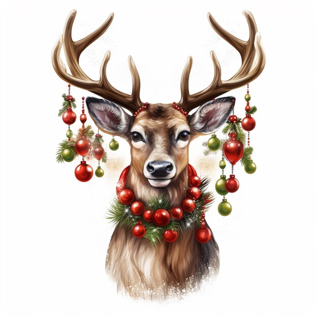 there is a deer with a wreath of christmas ornaments on its head generative ai