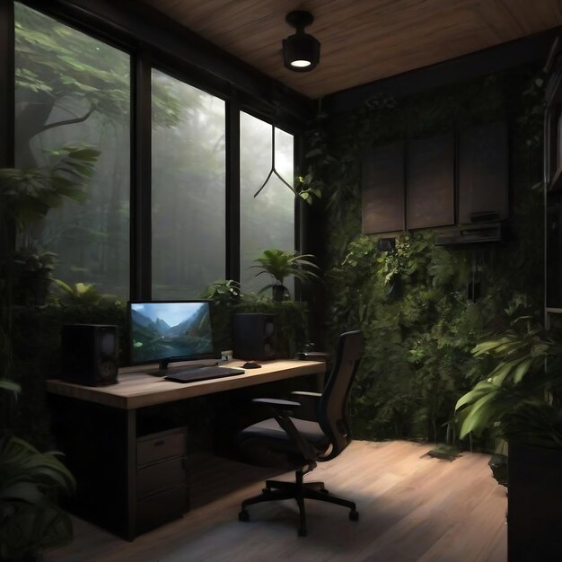 there is a desk with a computer and a chair in a room beautiful dark forest landscape