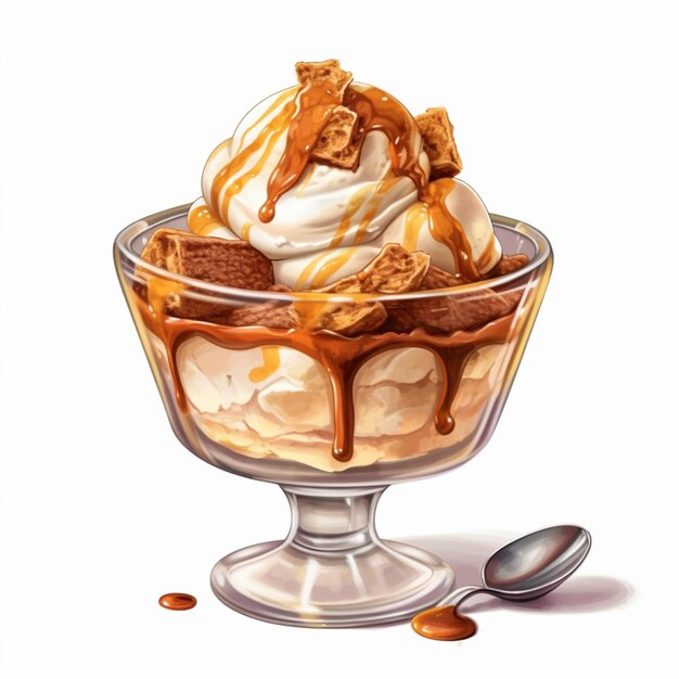 There is a dessert in a glass bowl with a spoon generative ai