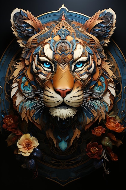 there is a digital painting of a tiger with blue eyes generative ai