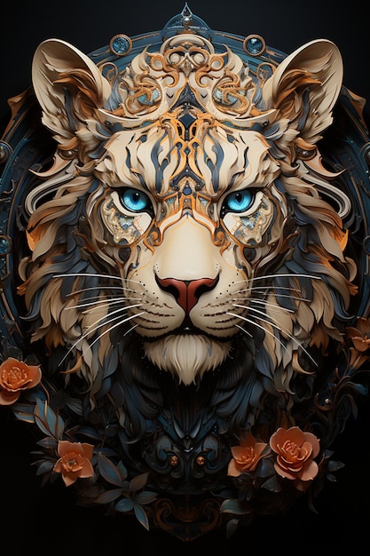 there is a digital painting of a tiger with a floral design generative ai