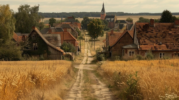 Photo there is a dirt road that leads to a village with a church in the distance generative ai