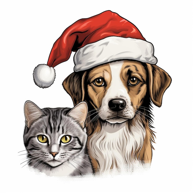 there is a dog and a cat wearing santa hats generative ai