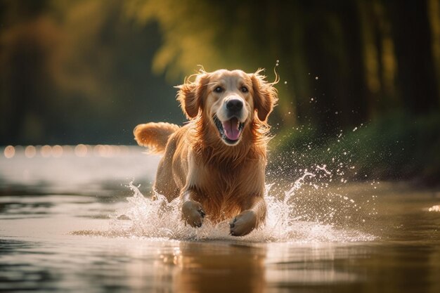 there is a dog running through the water with its mouth open generative ai