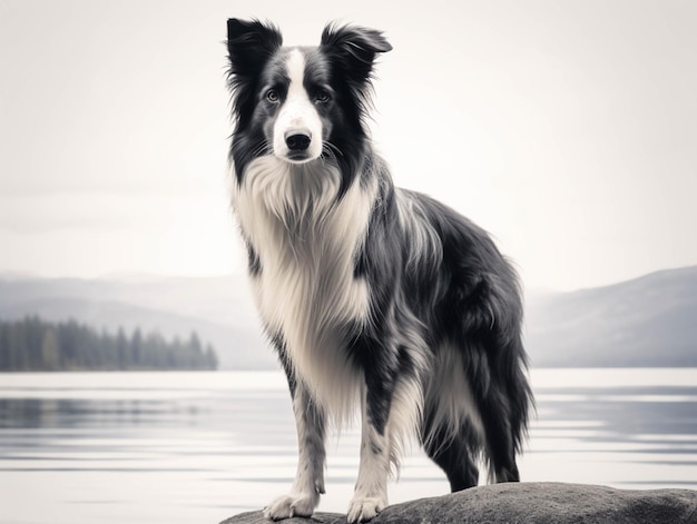 There is a dog standing on a rock by the water generative ai