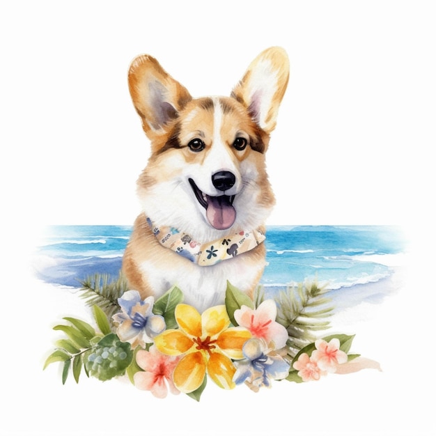 There is a dog that is sitting on the beach with flowers generative ai