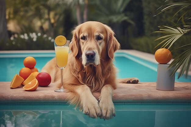 there is a dog that is sitting by a pool with a drink generative ai