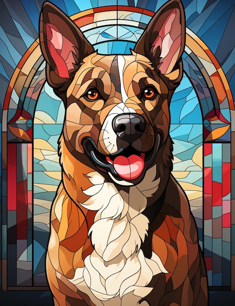 There is a dog that is sitting in front of a stained glass window generative ai