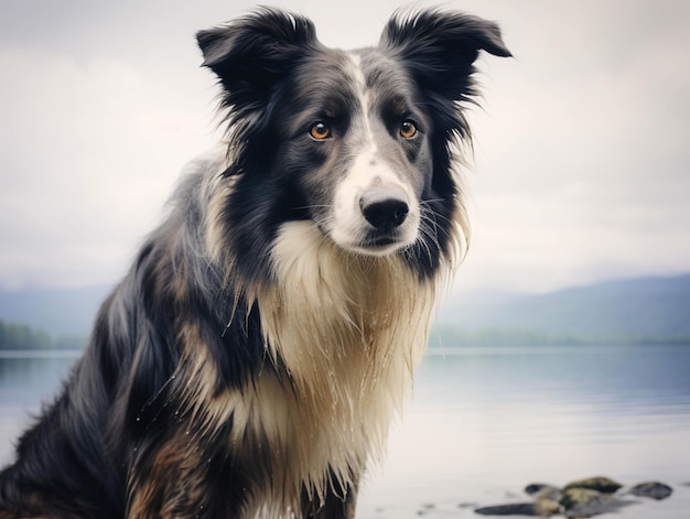 There is a dog that is sitting on the rocks by the water generative ai