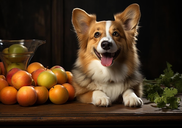 There is a dog that is sitting next to some fruit generative ai