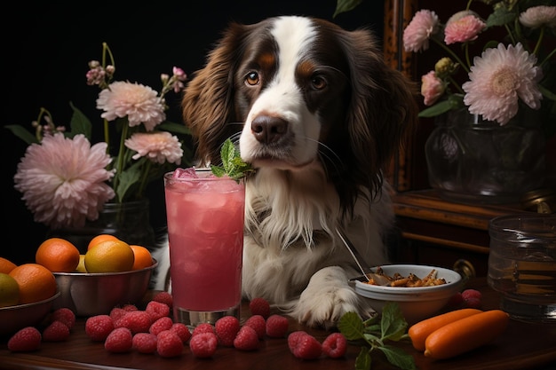 There is a dog that is sitting at a table with a drink generative ai