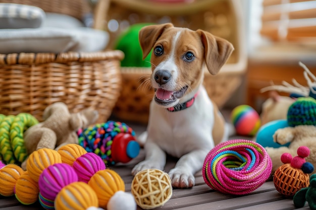 Photo there is a dog that is sitting on a table with toys generative ai