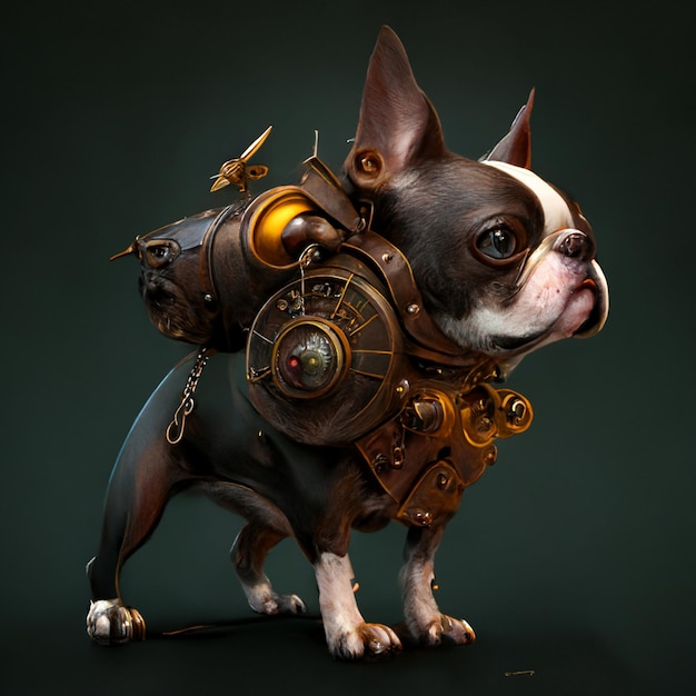 There is a dog wearing a steampunk suit with a clock on it generative ai