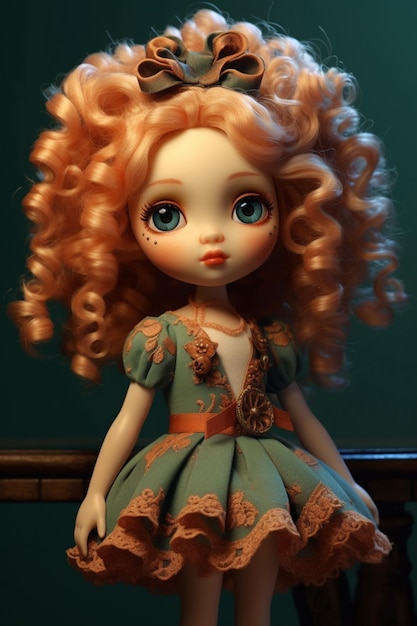 There is a doll with a red hair and a green dress generative ai