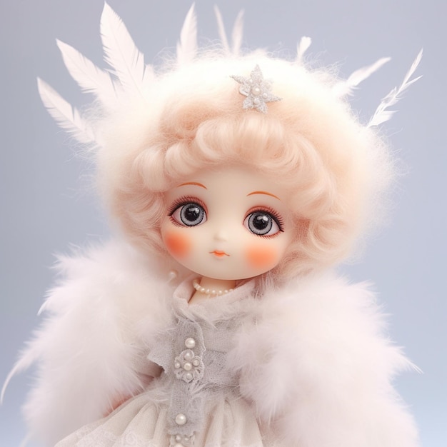 there is a doll with a white dress and feathered headband generative ai