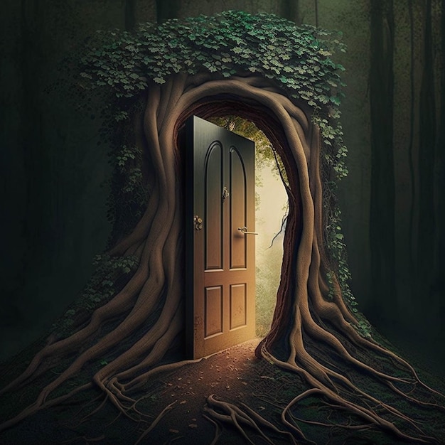 There is a door in the middle of a tree that is growing generative ai