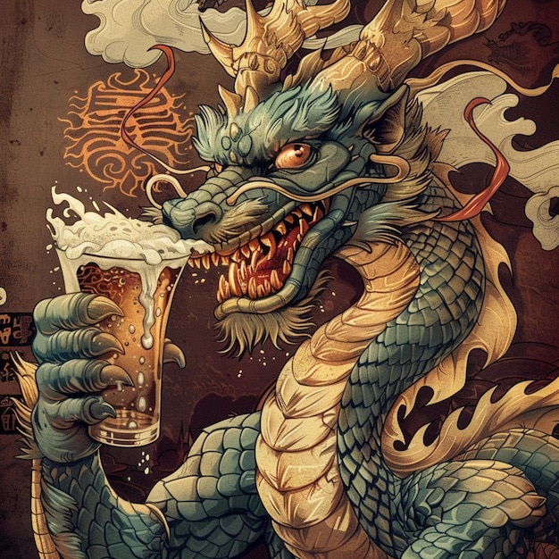 there is a dragon holding a beer glass with a dragon on it generative ai