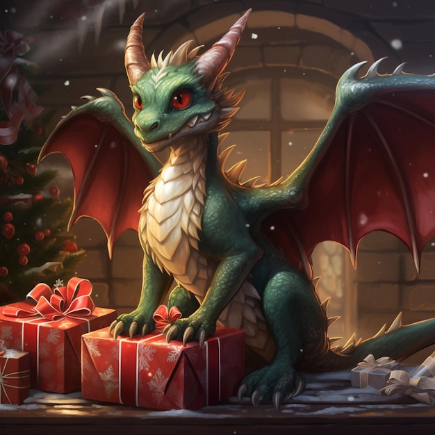 There is a dragon sitting on a table with presents in front of it generative ai