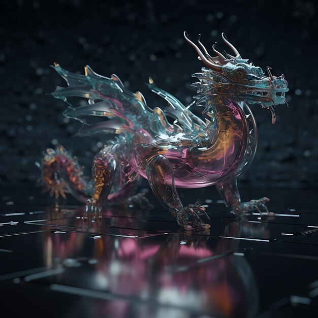 Photo there is a dragon statue on a black surface with water