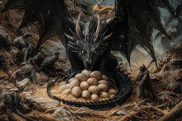 Photo there is a dragon statue with a bowl of eggs in it generative ai