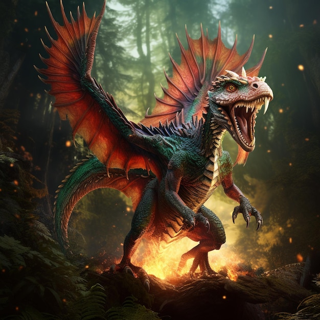 There is a dragon that is walking in the woods with fire generative ai