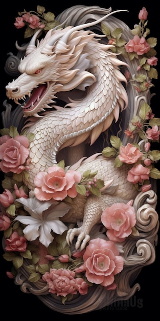 There is a dragon with flowers on the front of it generative ai