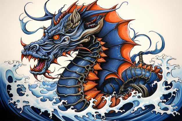 There is a dragon with a large mouth and a large body in the water generative ai