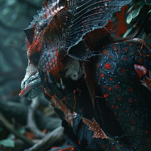 there is a dragon with a red and black body and head generative ai