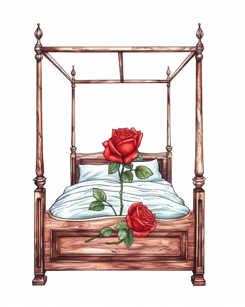 There is a drawing of a bed with a rose on it generative ai