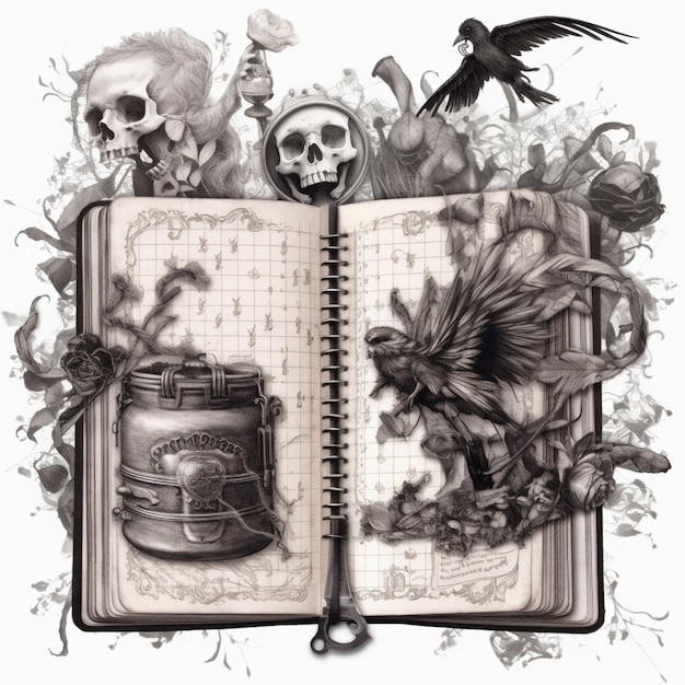 There is a drawing of a book with a skull and a bird on it generative ai