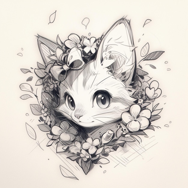 there is a drawing of a cat with flowers around it generative ai