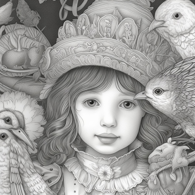 There is a drawing of a girl with birds and a bird on her head generative ai