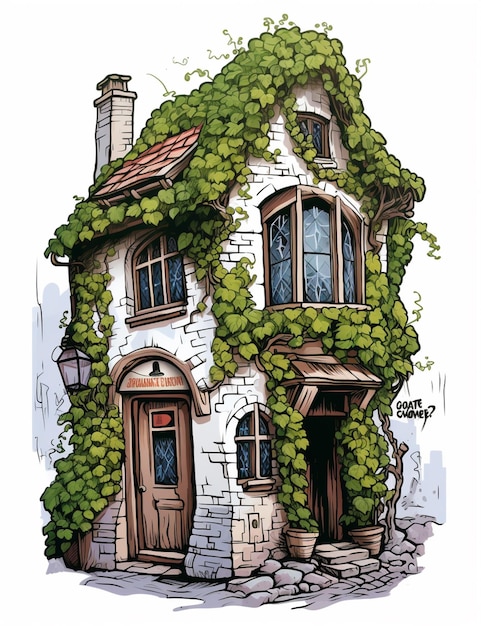 there is a drawing of a house with ivy growing on the front generative ai