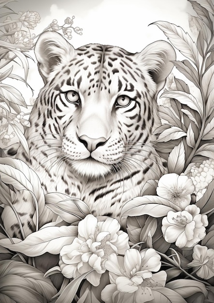 there is a drawing of a leopard in a field of flowers generative ai