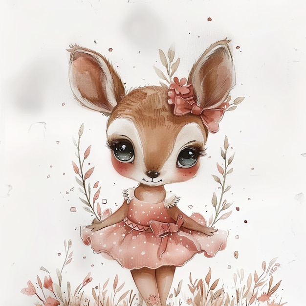 there is a drawing of a little deer with a dress and a flower in her hair generative ai