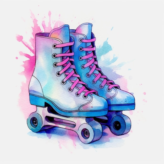 There is a drawing of a pair of roller skates with pink laces generative ai