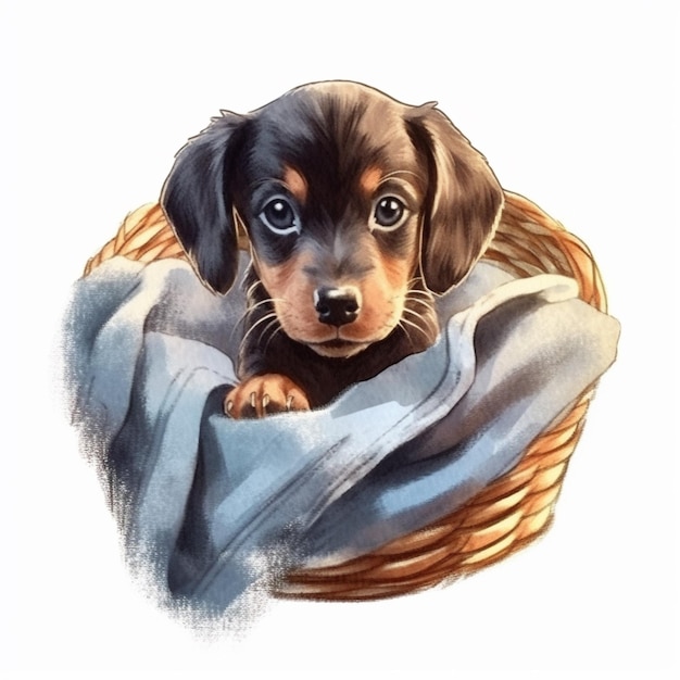 There is a drawing of a puppy in a basket with a blanket generative ai