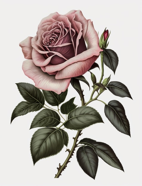 there is a drawing of a rose with leaves on a white background generative ai