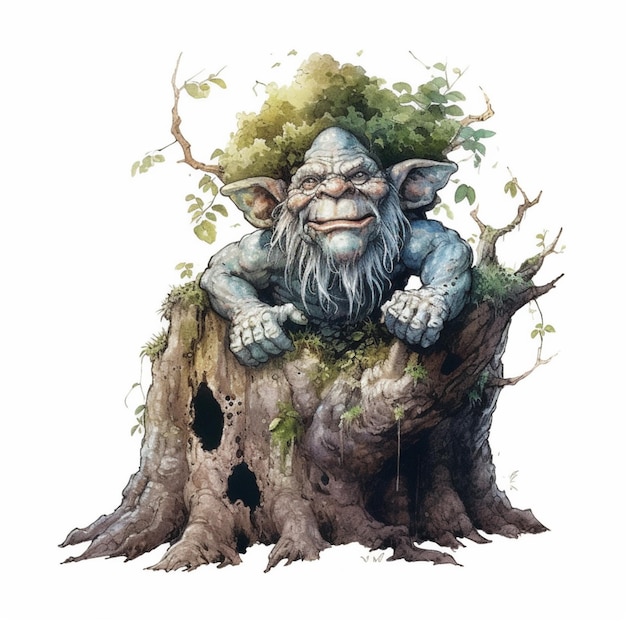 there is a drawing of a troll sitting on a tree stump generative ai