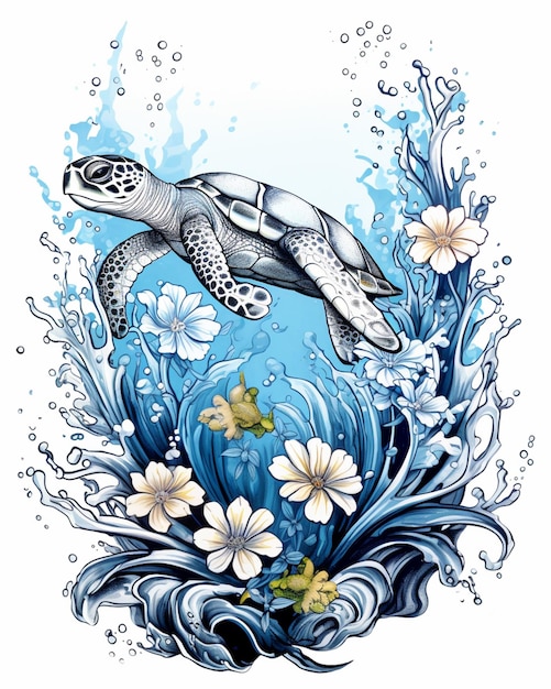 there is a drawing of a turtle swimming in the ocean generative ai