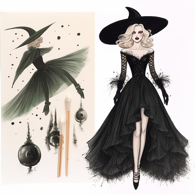 There is a drawing of a witch in a black dress and a drawing of a witch generative ai