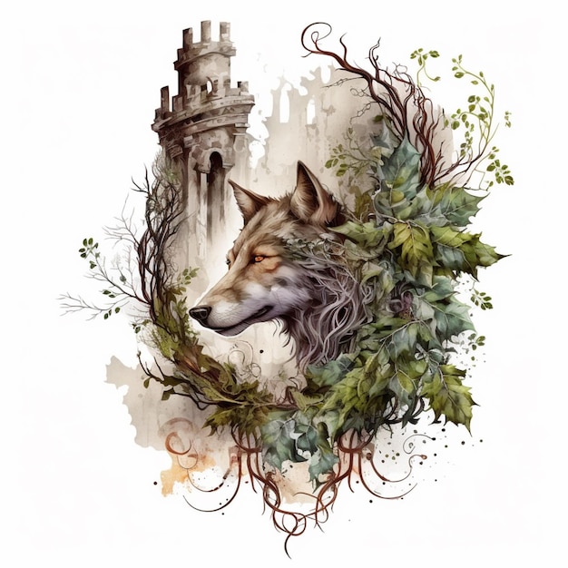 there is a drawing of a wolf with a castle in the background generative ai