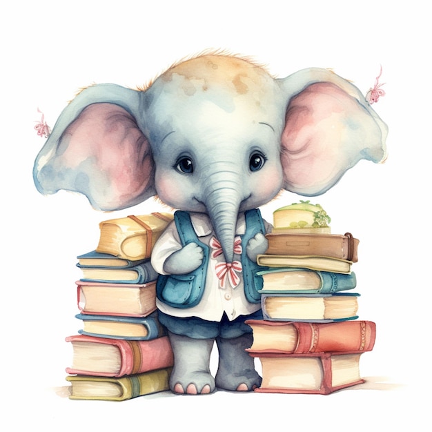 there is a elephant that is standing next to a pile of books generative ai