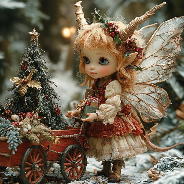 Photo there is a fairy doll with a christmas tree and a wagon